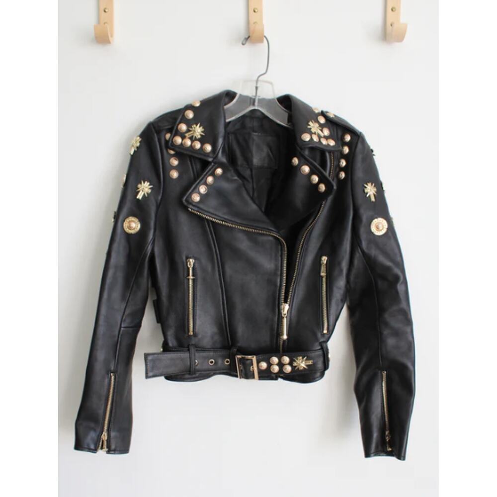 Philipp Plein Couture Vintage Black Leather Sheepskin Gold Moto Jacket SMALL